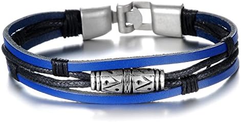 Geminis Fashion Jewelry Punk Style Men's Stainless Steel Blue Leather Bracelet