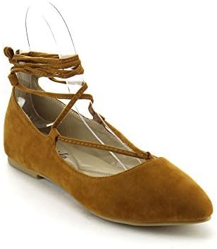 ATREVIDA ZOnIA-17 Women's Pointy Toe Calf High Lace Up Ballet Flats, Color:CAMEL, Size:8.5