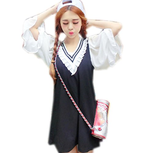 Lifestr(ライフスター)パフスリーブ　ワンピース　フリル　ボンバー　ボリューム袖　Vネック　ジャンパースカート　ドッキングワンピ　オルチャン　個性的　原宿系(オリジナルエコバッグセット）