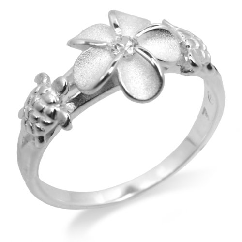 Sterling Silver Ring - Plumeria with Clear CZ and Satin Finish - 9 mm x 2 mm