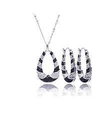 Nickel Free Sterling Silver Pendant & Earring Sets Open Teardrop Black And Clear CZ Set