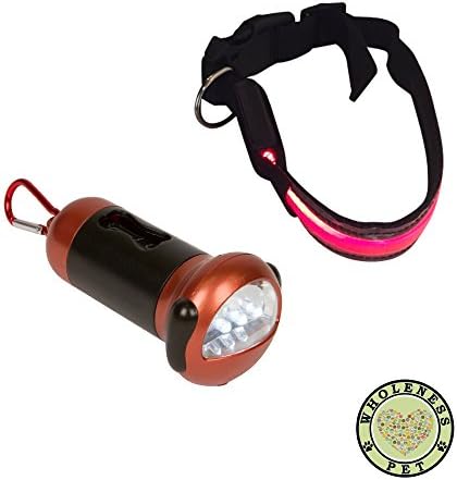 Wholeness Pet Dog Walking Bundle -Dog Poop Bags Built into Flashlight with Dispenser and LED Dog Collar