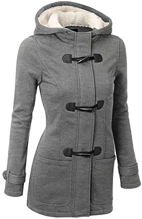 Women Cotton Padded Duffle Coat Hooded Jacket Horn Button Trench Coat for Winter