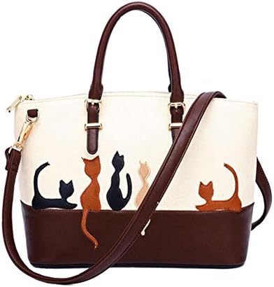 Women Elegant Leather Cats Satchel Handbag (Beige)
