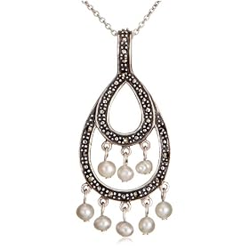 Sterling Silver Marcasite and Freshwater Cultured Pearl Pendant, 18 by Amazon.com Collection