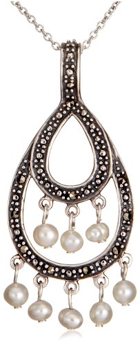 Sterling Silver Marcasite and Freshwater Cultured Pearl Pendant, 18″