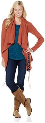 Twiggy London Women's Draped, Open Cardigan Sweater with Faux Leather Detail (Medium, Gingerspice)