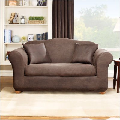 Stretch Leather Two Piece Sofa Slipcover in Brown (Box Cushion)