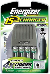 Energizer Super Fast 15min Charger with Car Adapter inc 4 x 2200 mAh Ni-Mh Batteries