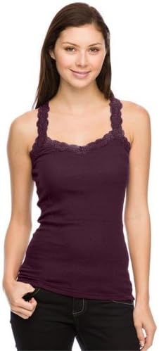 Women's Lace Trim 100% Cotton Ribbed Racerback Tank Top PLUM S
