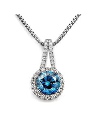 1.53ct Fancy Blue Round Diamond Pendant Necklace 18k White Gold