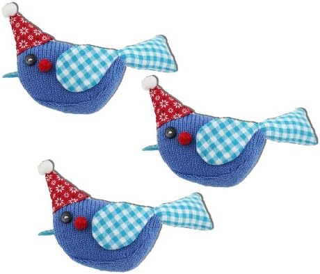Blue Knit Bird Set of 3 Christmas Ornaments with Red Hat, Crafted Charm Collection