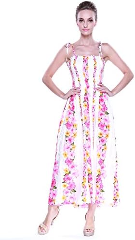 Tropical Group's Women's Hawaiian Maxi Elastic Strap Dress Pink Panel Floral
