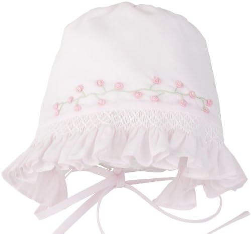 Pink Baby Bonnet with Row of Embroided Pink Rosebuds (newborn - 3 month)