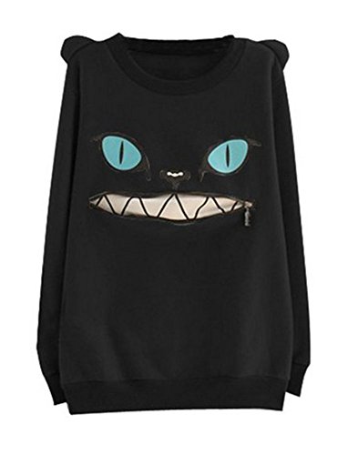 Benibos Women Zip Mouth Smile Shoulder 3D Ear Cat Jumper Sweatshirt Top (Label size XL (US: L), Black)