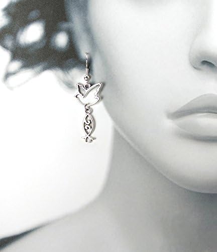 Silvertone Christian Dove and Fish Dangle Earrings, 1-7/8 Inches (47.625 Millimeters) Long