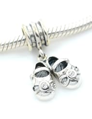 Pro Jewelry .925 Sterling Silver " Baby Shoes w/ Cubic Zirconia Dangle " Charm Bead Compatible with Pandora Chamilia Kay Troll Bracelet