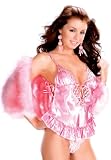 Satin camisole with side panel ribbon ties. Deep v neckline with lace trim. Satin gathered hem with contrast lettice edges. Matching thong - Sensual Mystique