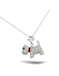 Sterling Silver Rhodium Plated Cz Pave Dog Necklace With Red Enamel Leash 16 Inch Plus 1 Inch Adjustable Chain