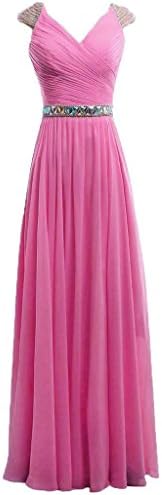 Dress U Cap Sleev V-neck Crystals Waist Chiffon Prom Gown Bridesmaid Dress Long Pink US 26W