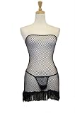 Exposed By Magic Silk Queen Size Fishnet Tube Dress With Fringe And G-string, Black, One Size