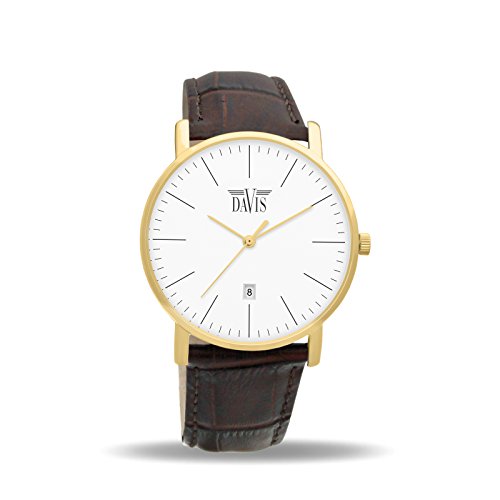 Davis 1994-Reloj de pared, diseño clásico de acero para hombre, diseño de mujer de oro amarillo, extraplano, fecha de pulsera Cuadrante blanco piel, color marrón