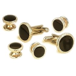 Giorgio Bissoni Round Jet Black Stone with Gold Nugget Edge Cufflink and Stud set