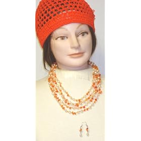 Four Strand Ivory Small Pearls Orange Beads Medium Chain Necklace Earrings Offered in Combination...