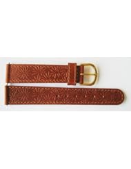 18mm Brown Stitched Embossed Flower Print Leather Watch Band Strap