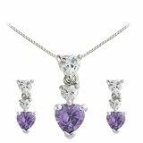 Sterling Silver Simulated Amethyst and Diamond cz Graduating Heart Earring and Slide Pendant Set