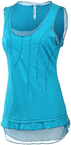 Women Mesh Lined Sleeveless T-Shirt W/ Decorative Seam Stitch, Turquoise Large