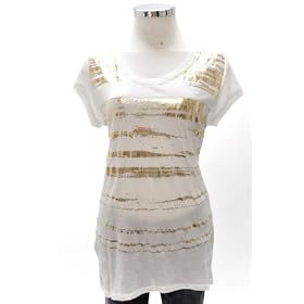 BCBG Maxazria White Gold Distressed Stripe Cap Sleeve Top
