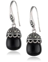 Sterling Silver Marcasite and Onyx Bead Wire Earrings