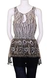 Trinity Cascading Front Ruffle 100% Silk Smocked Waistline Paisley Print Contrast Black Hem Lining Blouse Olive