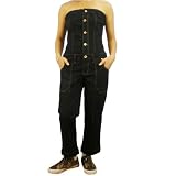 Women's Baby Phat dark wash tube strapless cropped denim gaucho jumpsuit. Authentic brand name halter dress features front button closure, scoop pockets with onset cat hip and contrast stitching throughout. Affixed signature metal brand badge on the back. Very high quality designer casual wear presented by Kimora Lee Simons.