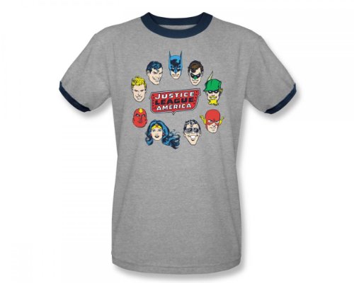  The Justice League Justice Head Circle Adult Ringer S/S T-shirt in Heather/Navy by DC Comics