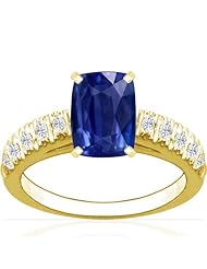 14K Yellow Gold Cushion Cut Blue Sapphire Ring With Sidestones