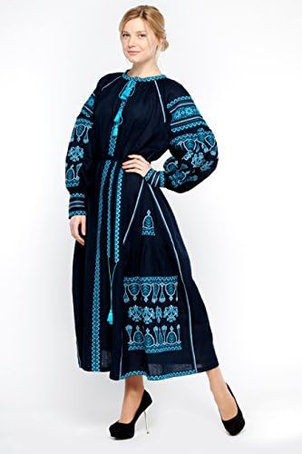 Embroidered Boho Long Dress dark blue woman. Vyshyvanka Ukrainian Vita Kin style