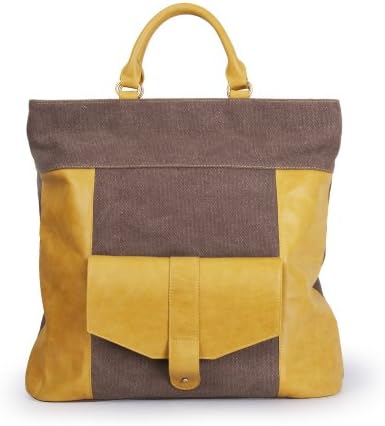 Canvas and Leather Three-Way Convertible Tote Bag / Messenger Bag, Large, Yellow
