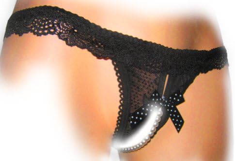 Intimaxy "Pretty as Minnie" Pearly Open Crotch Thong (Black) - One Size