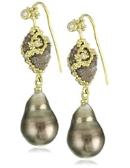 Vibes "Edgy" 18 Karat Gold Tahiti Pearl and Raw Diamond Earrings