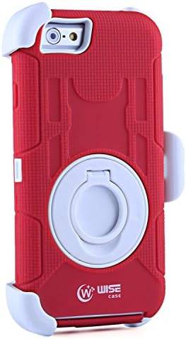 iPhone 6 Case,Shockproof Heavy Duty Hybrid Multi-layer Holster Case for Apple iPhone 6 4.7 inch with 360 degree Swivel Ring Kickstand and HD Screen Protector - Red White