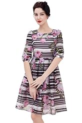 Petite Polyester Vintage Pleated Striped Print Floral Print Puff Sleeves Tunic 