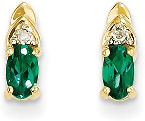 14K Yellow Gold Genuine Oval Emerald May Birthstone & Diamond Post Earrings