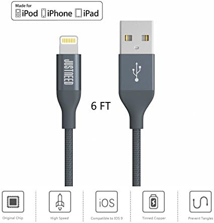 JUSTNEED [ MFi Certified] 6 Feet Nylon Braided Lightning Cable USB Cord Charge &amp; Sync Cable For iPhone 6 6S,6 6S Plus, iPhone 5 ,5C ,5S, iPad Air, Mini , Mini2, iPod (Grey)