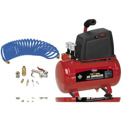 All Power America APC4008 1/3 Horsepower 3 Gallon 100 PSI Air Compressor With 7 Accessories & 25-Foot Coil Hose All Power America APC4008 1/3 Horsepower 3 Gallon 100 PSI Air Compressor With 7 Accessories & 25-Foot Coil Hose