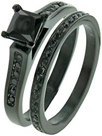 Black Stainless Steel Princess SSolitaire w Accent CZ Cubic Zirconia Women's Wedding Ring Set