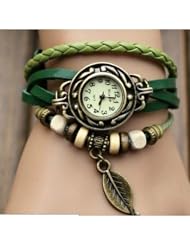 WAWO Quartz Fashion Weave Wrap Around Leather Bracelet Lady Woman Wrist Watch (Green leaf)