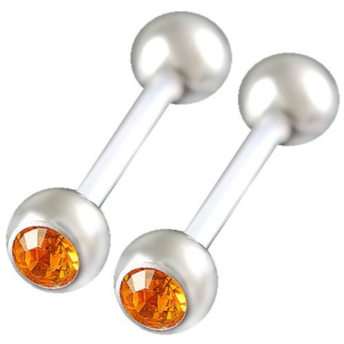 14g 14 gauge 1.6mm, 5/8" inch 16mm long - White flexible acrylic tongue bars bar tounge nipple barbell ear rings with 6mm stainless steel balls and Swarovski Crystal Jeweled Topaz - Pierced Body Piercing Jewelry Jewellery - Set of 2 ALTB