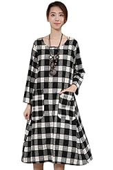 Cotton/Polyester Plaid Print Long Sleeves Midi Dress 
